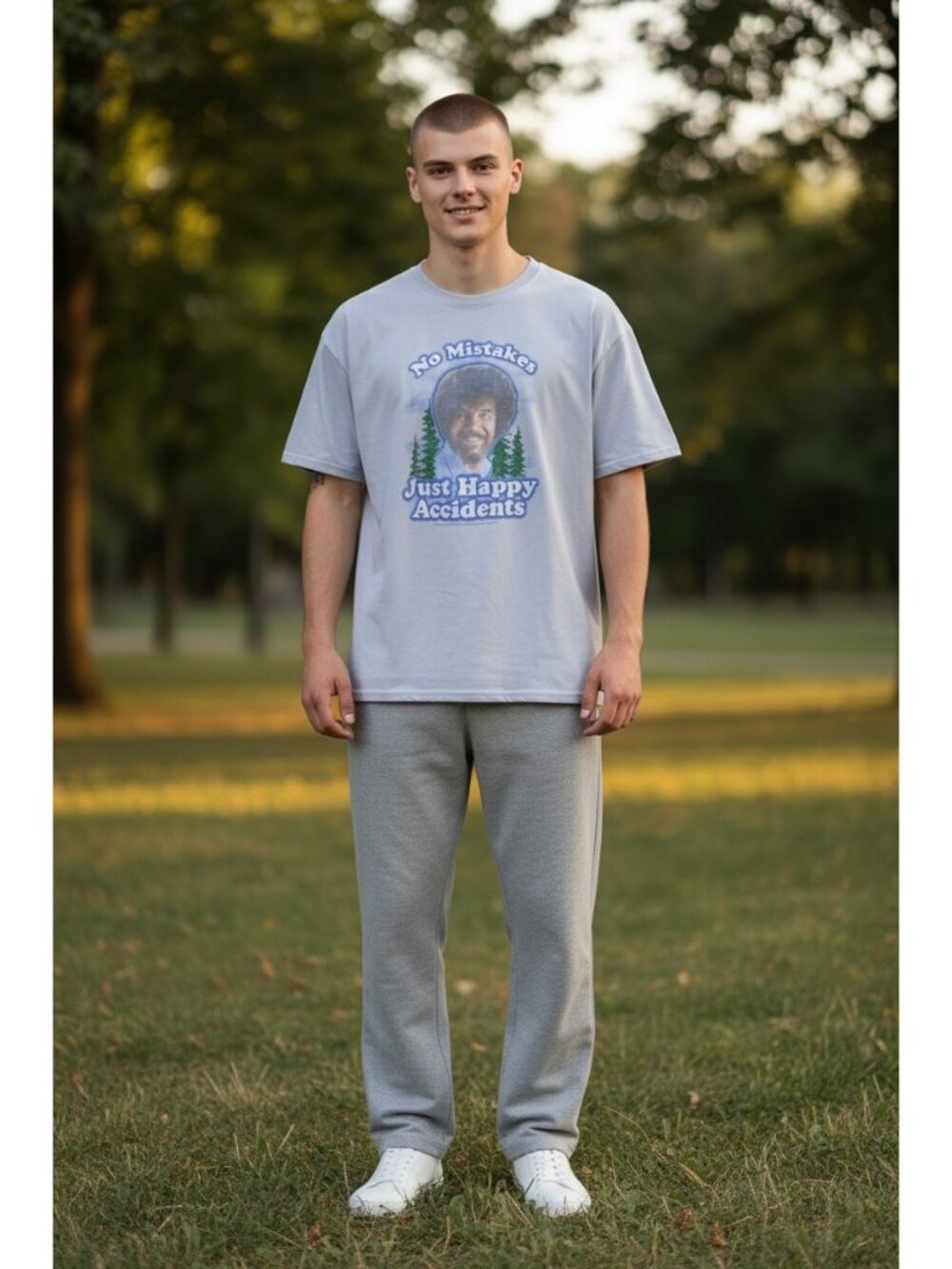 Bob Ross “There Are No Mistakes, Just Happy Accidents” Tee Shirt Gray Size L